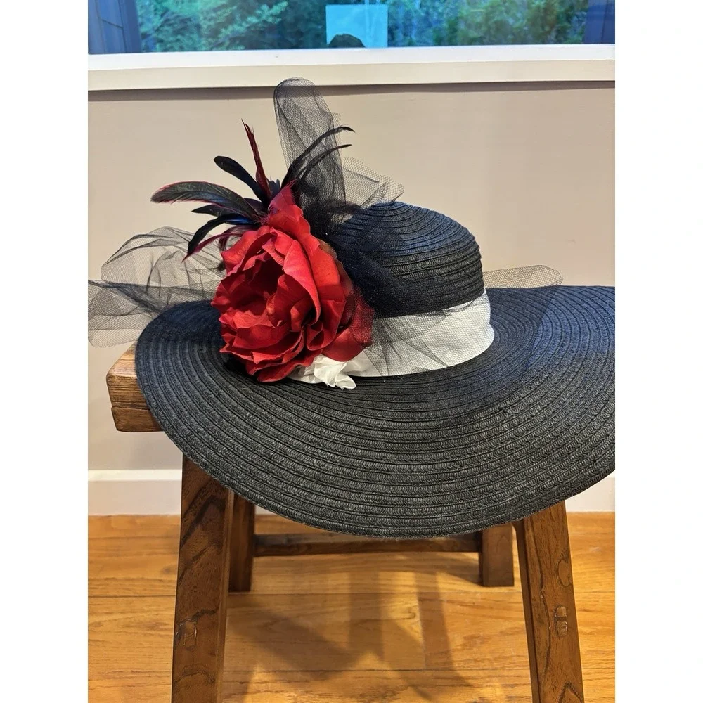 Ralph Lauren Black straw hat with feathers and Red flowers English Wedding
